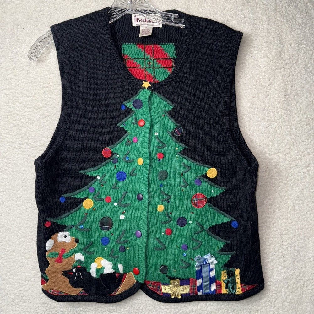 Vintage Bechamel Medium Christmas Novelty Holiday Sweater Vest Tree Cat Dog